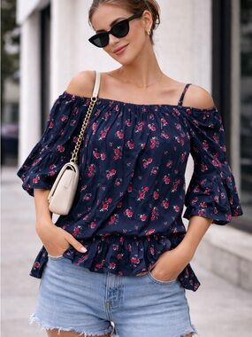 Navy Floral Off-Shoulder Ruffle Blouse